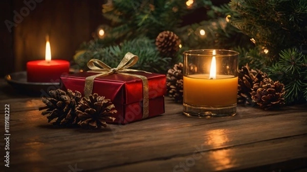 Fototapeta Warm and cozy atmosphere of a Christmas home, fresh green pinecones on top of an elegant table with candlelight, gifts holiday season