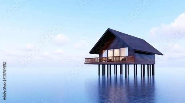 Fototapeta Modern house on stilts over calm water with a serene sky.