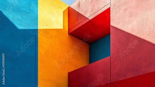 Fototapeta Vibrant abstract architecture with geometric shapes and bold colors in sunlight