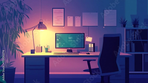 Fototapeta Cozy workspace with warm lighting and modern desk setup during evening hours