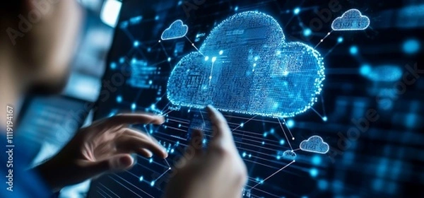 Fototapeta Person interacting with a digital cloud computing interface on a screen.