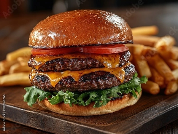 Fototapeta A delicious double cheeseburger with melted cheese, fresh lettuce, tomato, and crispy fries, served on a wooden platter.