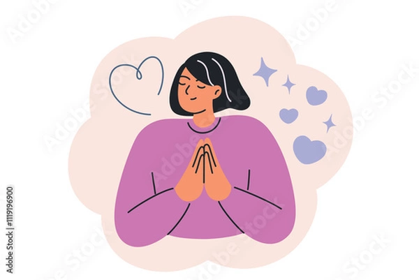 Fototapeta Vector illustration of grateful woman with closed eyes and folded hands, symbolizing gratitude, acceptance, and mindfulness. Flat cartoon style, psychological concept, serenity, and emotional balance