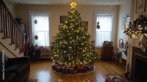 Fototapeta A beautifully decorated Christmas tree adorned with shimmering lights, colorful ornaments,
