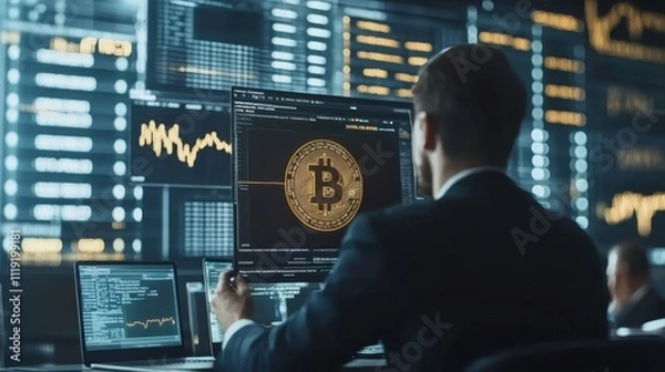 Obraz A coder explaining blockchain technology to a group of investors, bridging tech and finance, close up, investor meetup space, realistic, Overlay, finance innovation center