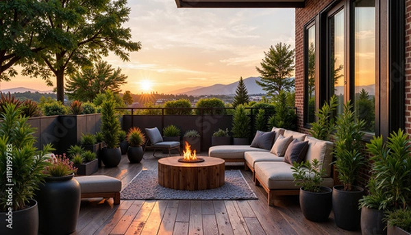 Obraz Outdoor patio with cozy seating and fire pit at sunset