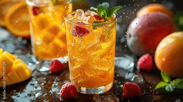 Fototapeta Refreshing iced tea with mango, raspberries, and mint.
