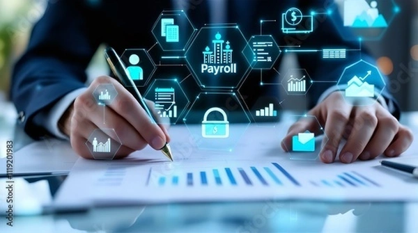 Fototapeta Businessperson reviewing payroll data with holographic interface showing financial charts, graphs, and security icons.