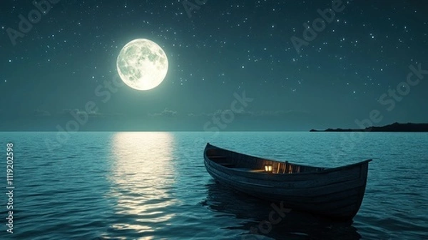 Fototapeta Here's a possible  and keyword list for your stock photo.. Serene moonlit night seascape with a small boat.