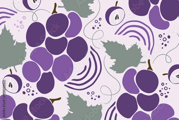 Obraz Bunch of grapes with leaf pattern. Simple grape in flat design. Vector illustration. Flat color cartoon style vector design