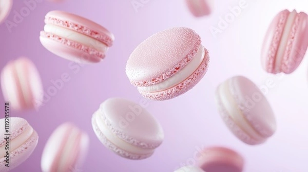Fototapeta Floating pink and white macarons against a soft purple background create a whimsical, delightful confectionery scene.