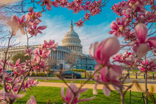 Fototapeta Capitol building at spring blossom magnolia tree, Washington DC. U.S. Capitol exterior photos. Capitol at spring. Capitol architecture.