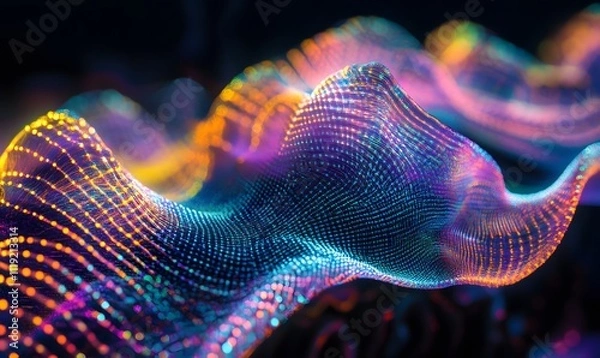 Obraz A detailed close-up of the curves and edges in a hologram, featuring a mesmerizing blend of iridescent colors and futuristic patterns. Perfect for abstract backgrounds, technology themes.