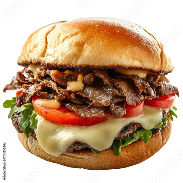 Fototapeta Front view of a hyperrealistic Philly cheesesteak burger isolated on a white transparent background