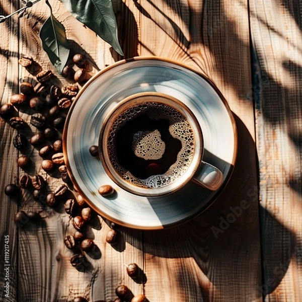 Fototapeta Overhead view of coffee cup and beans on wood.
