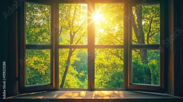 Fototapeta Sunlit Window View: A view of vibrant green trees and sunlight streaming through a rustic wooden window. The scene evokes feelings of peace, warmth and tranquility. 