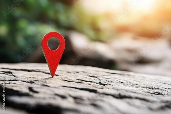 Fototapeta A vibrant red location pin stands prominently on a weathered wooden surface, symbolizing exploration and adventure in nature.