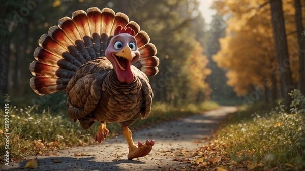 Fototapeta A cheerful cartoon turkey is depicted jogging with a big smile