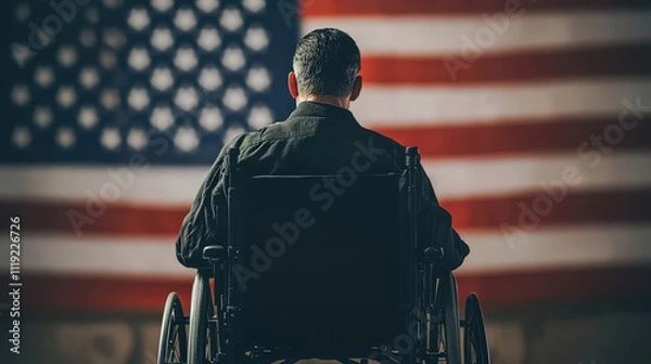Fototapeta Veteran in wheelchair facing American flag, symbolizing hope, resilience, and patriotism, evoking strong emotions and reflecting national pride