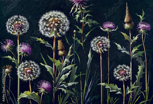 Fototapeta Wallpaper design for the wall. Botanical drawing, large dandelions. Textile design.