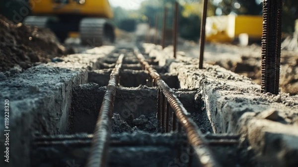 Fototapeta Close-up of a construction site with rebar and concrete foundations.