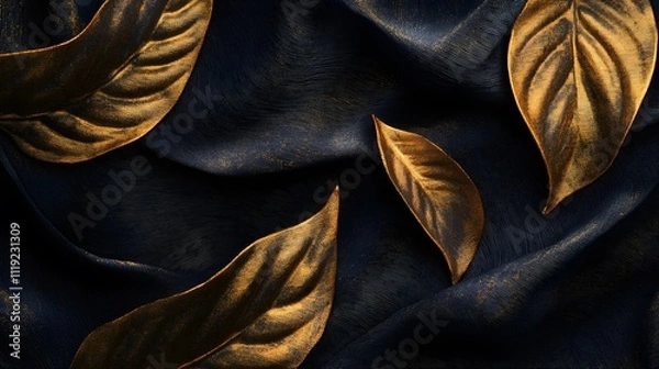 Obraz An abstract golden leaf pattern on a dark background, featuring elegant and intricate details that create a striking contrast. Perfect for luxurious, nature-inspired designs or artistic projects.