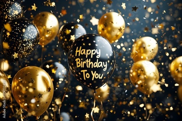 Fototapeta Colorful balloons with a "Happy Birthday" message and golden confetti create a festive atmosphere for a birthday celebration.