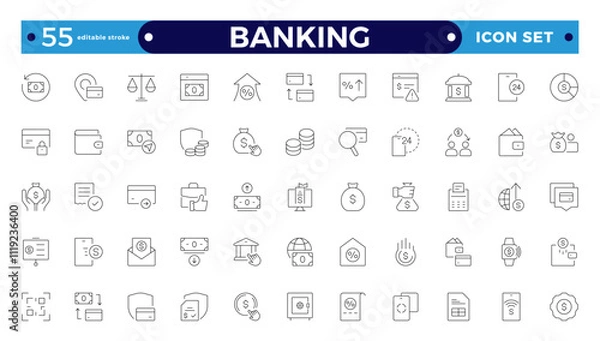 Fototapeta Banking icon set with money, bank, check, law, auction, exchange, payment, wallet, deposit, piggy, calculator, web icon. Containing policy, needs, community. Editable stroke outline icon.
