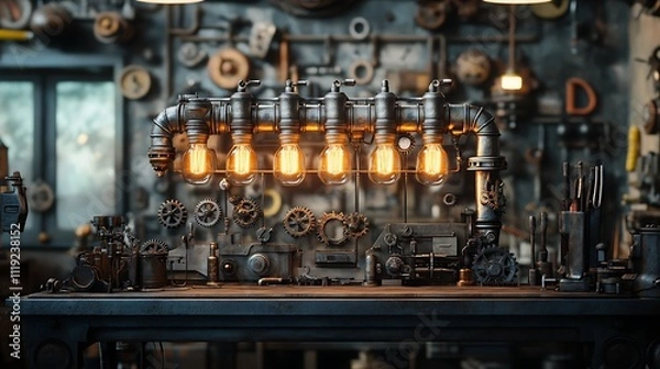 Fototapeta A steampunk-inspired industrial pipe lamp with multiple glowing filament bulbs, sitting on a metal shelf surrounded by vintage tools and gears in a dimly lit workshop, highly detailed textures,