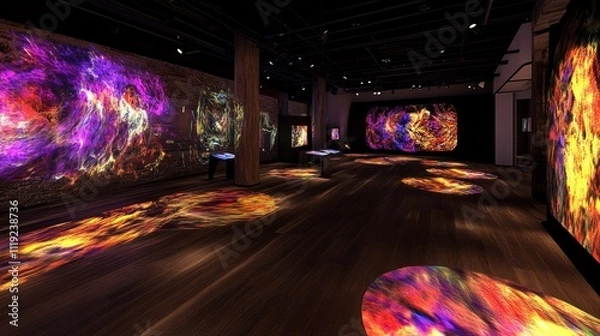 Fototapeta A vibrant art installation featuring colorful projections on walls and floors.