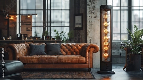 Fototapeta A tall Edison bulb floor lamp with multiple glowing filaments, standing in a dimly lit industrial-style living room with leather furniture and a dark concrete floor, ultra-detailed lighting,