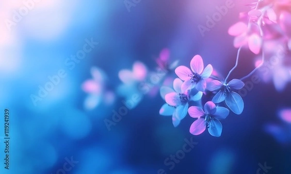 Obraz A blurred background in blue and purple tones, featuring delicate flowers with branches, creating a beautiful and serene atmosphere. Perfect for nature-inspired designs, artistic projects.
