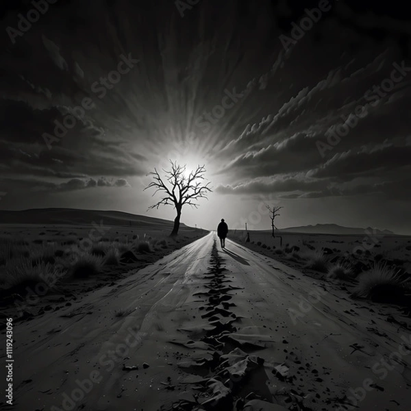 Fototapeta Ein einsamer Wanderer auf einem staubigen Weg in der Wüste bei Sonnenuntergang