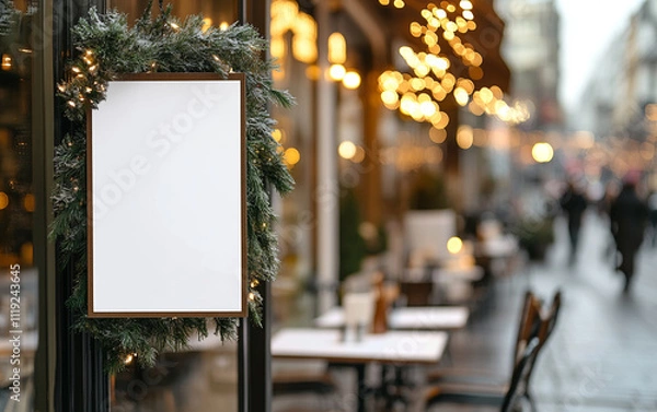 Fototapeta festive blank poster frame adorned with greenery, set in cozy street scene filled with warm lights and outdoor seating
