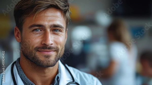 Fototapeta man and doctor in office with stethoscope, help or advice in health insurance.