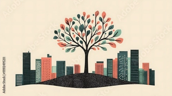 Fototapeta Illustration of a Tree Growing in the Center of a Modern Cityscape