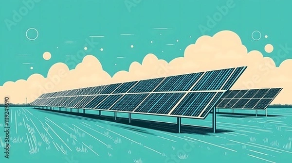 Fototapeta Illustration of Solar Panel Array in Open Field with Clear Sky