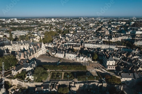 Fototapeta Panoramic view of a charming historical town nestled amidst rolling hills under a clear blue sky