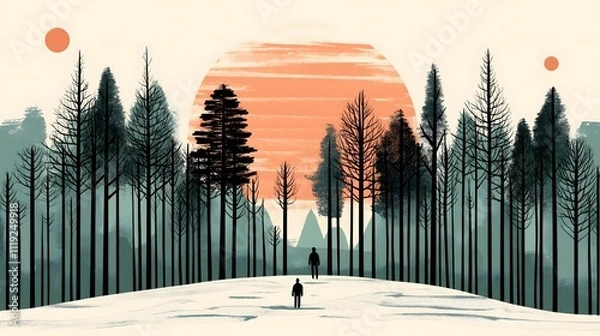 Fototapeta Illustration of Sunset in Winter Forest With Silhouetted Figures and Trees