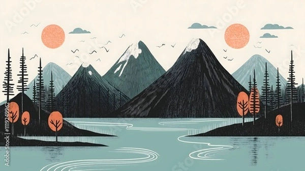 Fototapeta Minimalist Landscape Illustration of Mountains and Lake with Trees