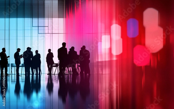 Fototapeta Silhouettes of business professionals networking in modern setting, vibrant colors create dynamic atmosphere