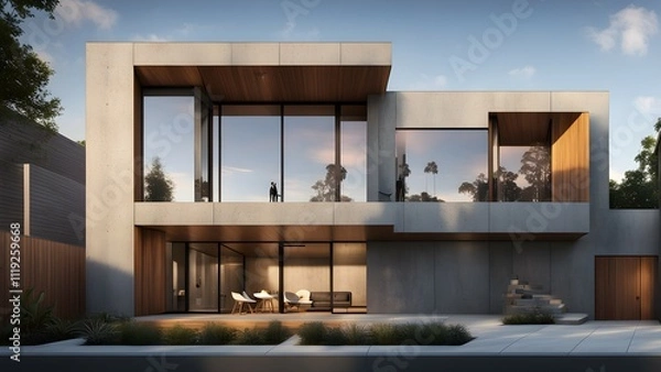 Fototapeta Modern architectural design featuring a sleek concrete and glass facade with wooden accents.