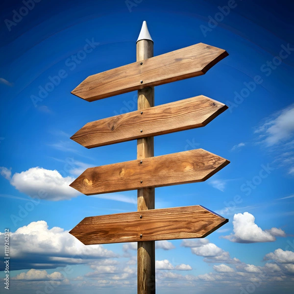 Fototapeta Wooden Signpost Against a Blue Sky with Clouds. A Symbol of Travel and New Directions