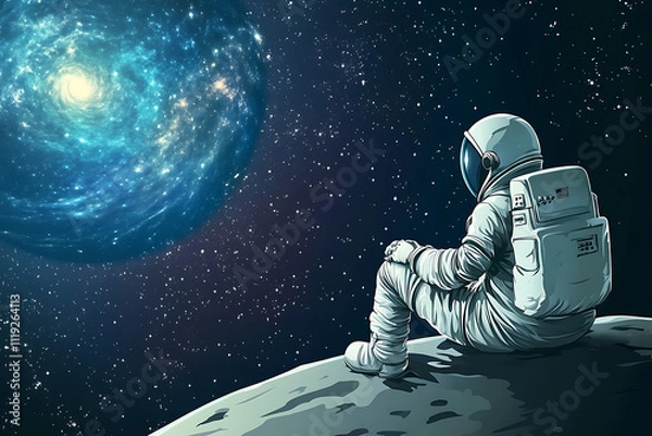 Fototapeta An astronaut sits on a moon, gazing at a swirling galaxy in the vast universe.