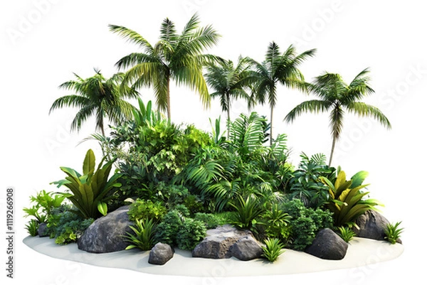 Fototapeta Island with palm trees and bushes, isolated on a transparent background