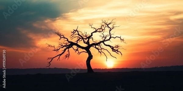 Fototapeta Serene drying tree silhouette against the backdrop of a captivating sunset, showcasing the beauty of nature as the daylight fades and the drying tree stands prominently.