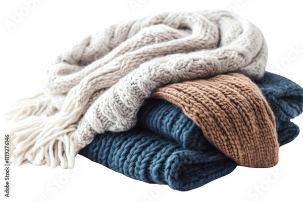 Fototapeta Cozy Knit Blanket Stack: A stack of three knitted blankets in beige, brown, and blue, with tassels on the beige one. The warm textures and colors create a comforting and cozy atmosphere.  
