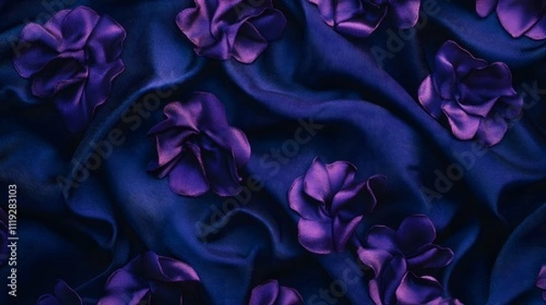 Obraz The image shows a dark blue fabric with a smooth, silky texture. Scattered across the fabric are several purple flowers made of similar material. These three-dimensional flowers have a glossy finish, 
