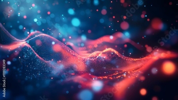 Obraz A high-resolution website hero image with modern, trendy vibes, featuring tech waves and data transmitting effects. The red, blue, and darkish tones create a dynamic, futuristic atmosphere.