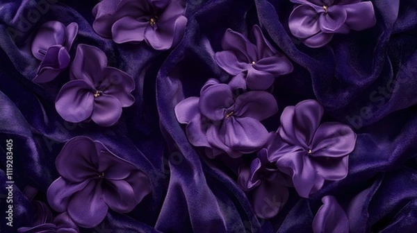 Obraz The image shows several purple flowers arranged on a dark, silky fabric. The flowers have a rich, vibrant purple color and appear to be made of a soft material, possibly fabric or silk.